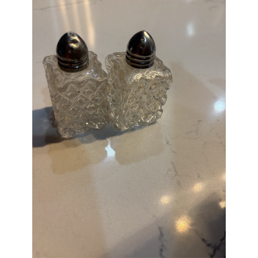 Clear Cut Glass Salt and Pepper Shaker Set Diamond Pattern Metal Lids